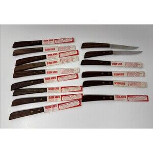 Vintage Quikut 15pc Wood Brown Handle Serrated Blade Steak Knife Set LOT OF 15